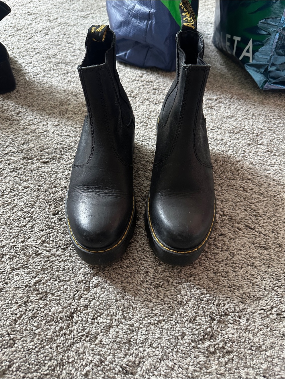 Dr. Martens Black Leather Ankle Boots with Yellow Stitching Detail